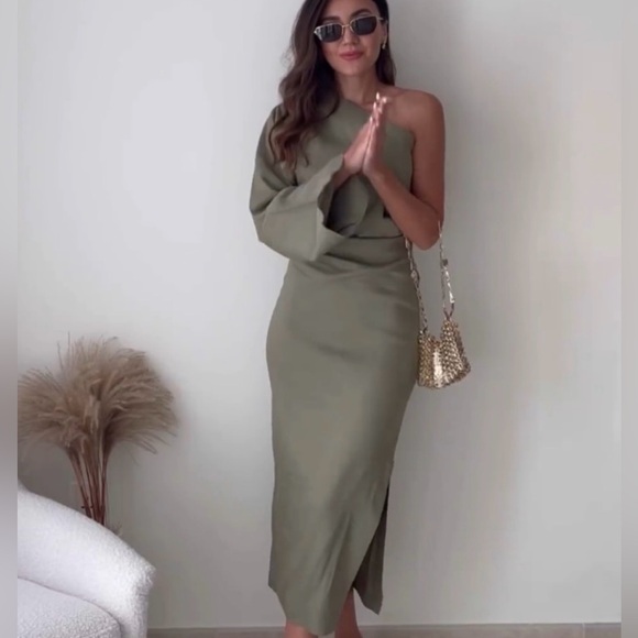 Zara Khaki Asymmetric Linen Blend Midi Dress - Picture 4 of 7